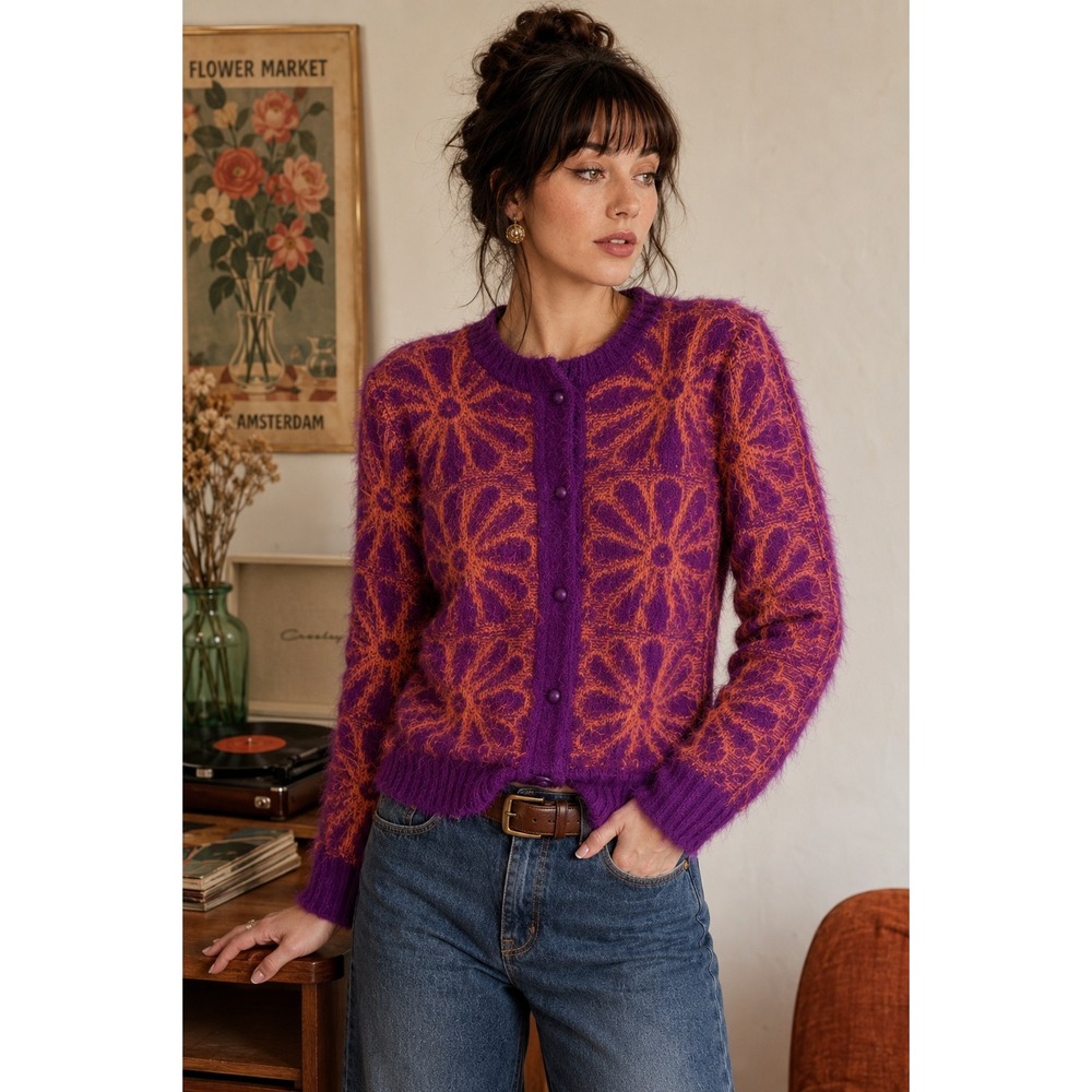 Berlin Original Vintage 80s Fuzzy Cardigan Sweater Womens S Purple Orange Floral